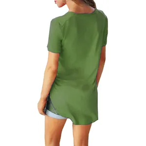 Back view of women's olive green short sleeve T-shirt with irregular curved hem detail