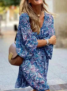 Bohemian blue paisley print V-neck summer dress featuring stylish loose bell sleeves
