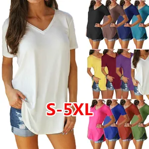 Women Plus Size V Neck T Shirt Short Sleeve Solid Color Curved Hem Loose Casual Cotton Top