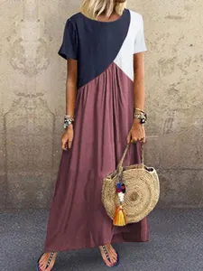 Modisches Damen Sommer Maxi-Kleid mit geometrischem Farblock-Design und kurzen Ärmeln