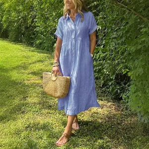 Summer loose blue striped short-sleeved cotton linen shirt dress with straw bag detail