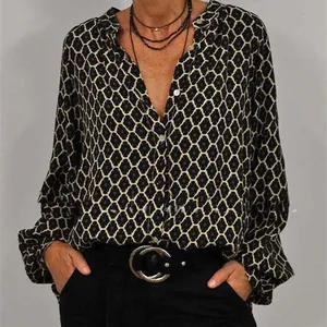 Damen Elegante Satinbluse Geometrischer Druck Langarm V-Ausschnitt Top Stilvolle Patchwork Office Lady Pullover Top
