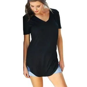 Classic women's plus size black V-neck short sleeve T-shirt featuring a curved hem design