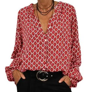Elegante Damenbluse mit V-Ausschnitt, Langarm und rot-weißem geometrischem Muster