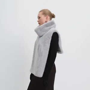 Chaleco elegante de piel sintética gris con cuello alto para mujer, top sin mangas.