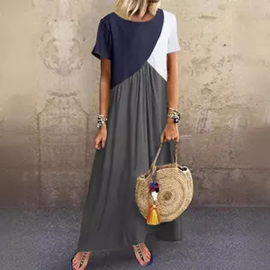 Geometrisches Patchwork-Maxikleid mit kurzen Ärmeln für Sommer, Strand und Freizeit
