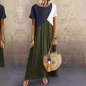 Lässiges Maxikleid mit geometrischem Farbblock-Patchwork und kurzen Ärmeln für den Sommer