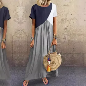 Modisches Damen Sommer Maxi-Kleid mit geometrischem Patchwork-Design für den Strandurlaub