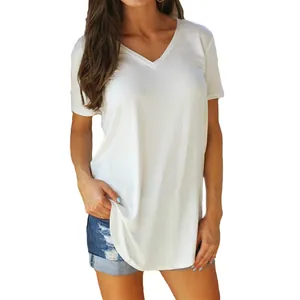 Women's plus size V-neck short sleeve white t-shirt made of comfortable cotton fabric