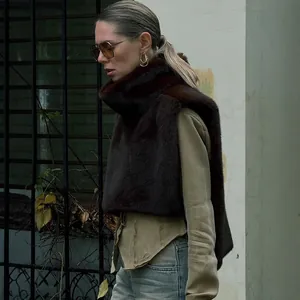 Chaleco de moda de piel sintética marrón oscuro con cuello alto para mujer, estilo otoño
