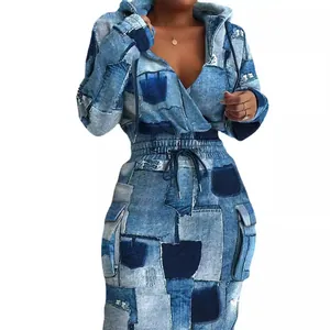 Abito alla moda con stampa patchwork denim da donna con coulisse in vita e tasche capienti