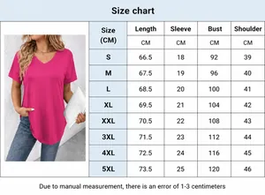 Tabella taglie dettagliata per t-shirt donna scollo a V, misure dalla S alla 5XL.