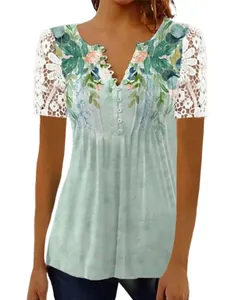 Elegant women's V-neck T-shirt featuring lace sleeves and floral neckline print detail