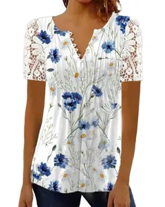 Detailed view of floral print t-shirt with delicate lace sleeves and V-neck buttons.