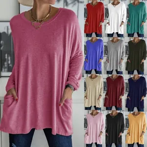 Vue détaillée de t-shirts amples à manches longues pour femmes avec poches en 13 couleurs