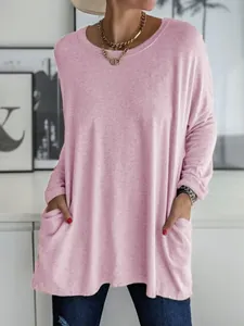 T-shirt décontracté à manches longues pour femmes en rose avec coupe ample et poches