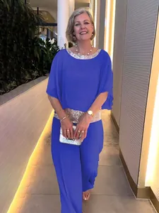 Elegant royal blue two-piece set with sequined neckline and wide-leg trousers