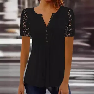 Elegant black women's T-shirt featuring delicate lace sleeves and a pleated buttoned front