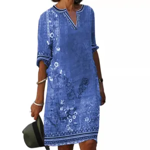 Blue bohemian ethnic floral print V-neck casual midi dress for women's summer fashion