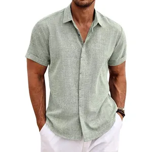 Detailed view of breathable sage green linen short sleeve shirt for men with visible texture