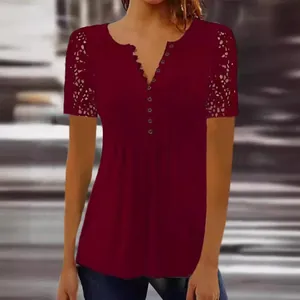 Women's elegant burgundy short sleeve t-shirt with lace sleeves and buttoned v-neck
