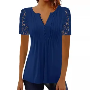 Elegant dark blue women's short sleeve T-shirt featuring lace sleeves and pleated front button.