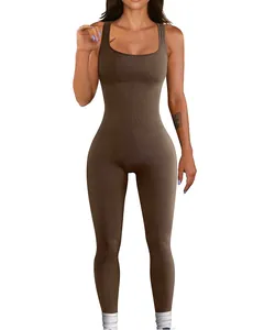 Eleganter brauner ärmelloser gerippter Jumpsuit mit eckigem Ausschnitt für Damen Mode