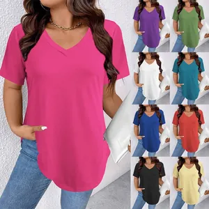 Maglietta da Donna Estiva Casual Tinta Unita Scollo a V Manica Corta Vestibilità Comoda Taglie Forti Top Basic con Orlo Curvo