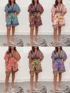 Showcase of colorful ethnic print V-neck short rompers with elastic waist for women