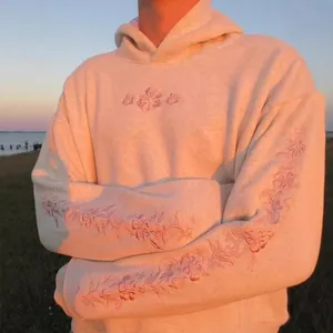 Cream hoodie with floral embroidery, loose casual long sleeve sunset beach style