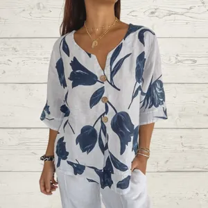 Chemisier décontracté en lin blanc avec imprimé floral bleu et col en V pour femmes