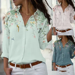 Camicia casual da donna con stampa floreale e uccelli in verde bianco e blu