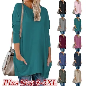 T-shirt femme grande taille à manches longues et col rond avec poches en 11 coloris