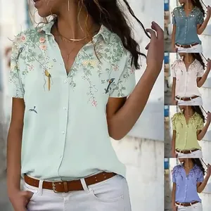 Camicia da Donna alla Moda con Stampa Floreale e Uccelli Raso Poliestere Revers Bottone Casual Top Manica Corta Lunga Slim Fit