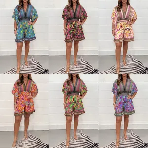 Women Rayon Ethnic Printed V Neck Romper Short Sleeve Top And Bottom Summer Floral Jumpsuit Casual Loose Ruffle Playsuit