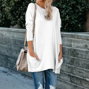 T-shirt blanc décontracté à manches longues pour femmes avec poches et dentelle fine