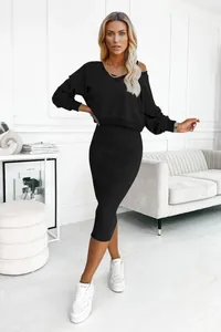 Full view of black two-piece set featuring V-neck sweatshirt and matching midi skirt.