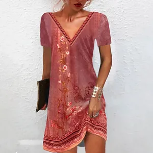 Elegante vestito con scollo a V, stampa floreale etnica, maniche corte, colore rosso