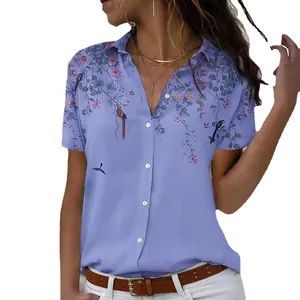 Camicia casual a maniche corte da donna con eleganti stampe floreali e di uccelli