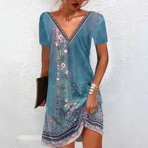 Abito casual a maniche corte da donna con stampa etnica e scollo a V blu floreale