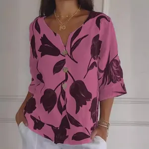Élégante blouse rose en coton et lin avec col en V et grand imprimé tulipe violette