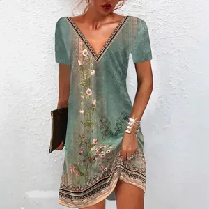 Mini abito casual da donna con stampa floreale etnica, scollo a V e maniche corte vintage
