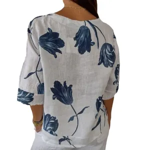 Blouse décontractée en coton et lin pour femme avec imprimé de tulipes bleues