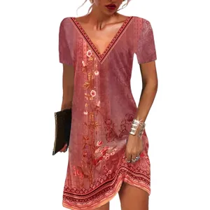 Abito estivo casual da donna con stampa floreale etnica vintage e scollo a V elegante