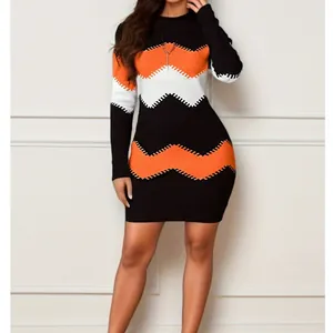 Stylish long sleeve round neck bodycon mini dress with orange and white chevron stripes