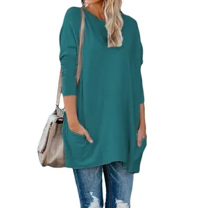 Haut tunique à manches longues bleu sarcelle pour femmes avec poches pratiques