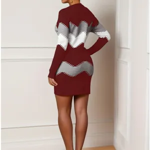 Detailed back view of women's long sleeve knit bodycon dress with burgundy chevron pattern