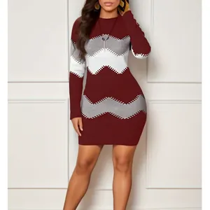 Close-up of a knitted bodycon dress featuring a stylish burgundy chevron pattern.