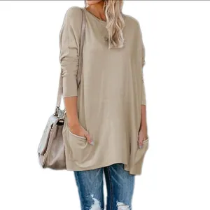 T-shirt à manches longues kaki décontracté pour femmes avec poches avant pratiques
