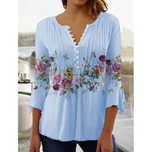 Light blue floral print V-neck pleated blouse with white buttons for women fashion